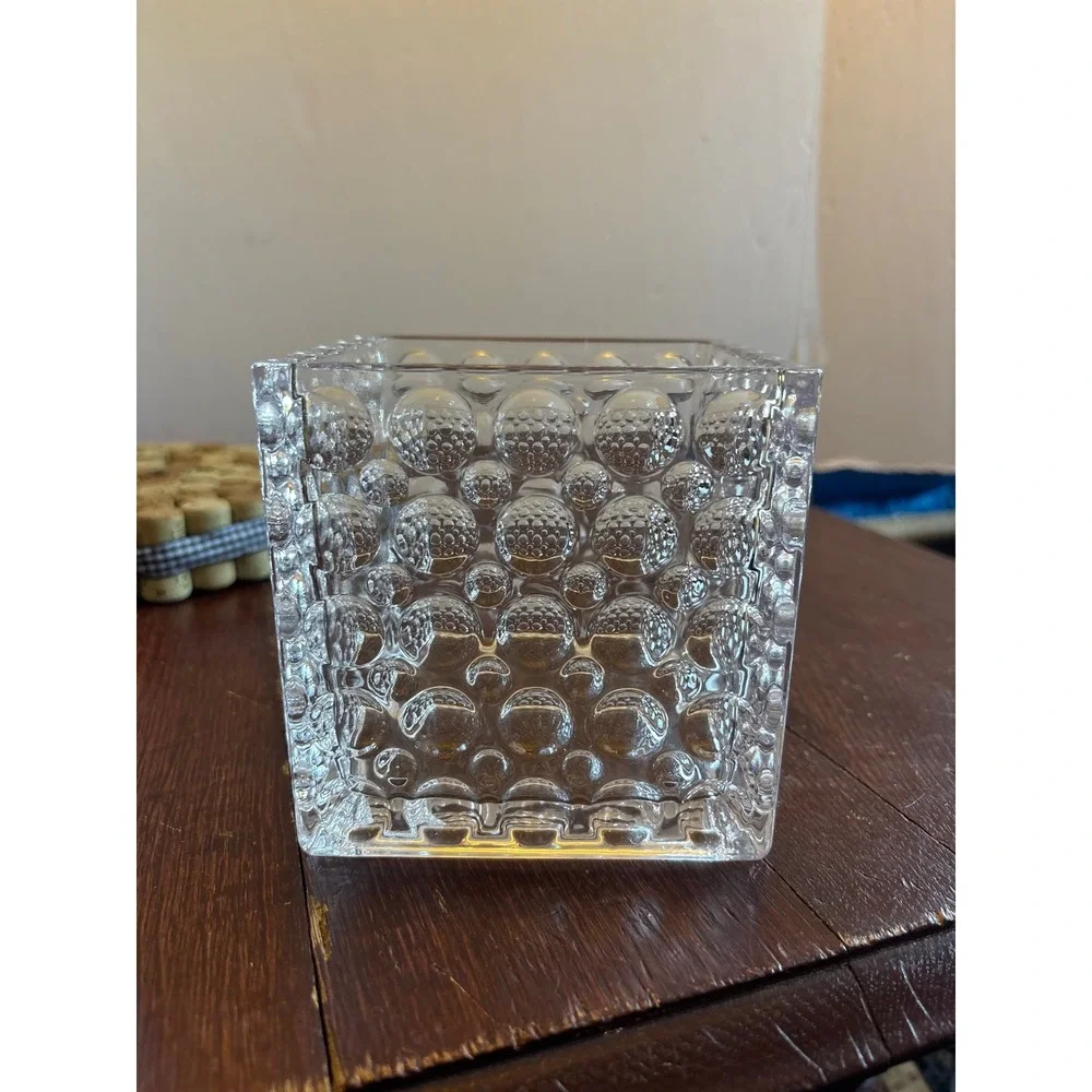 Clear Glass Square Bubble Cube Vase Textured Hobnail Candle Holder 4.75 Inch